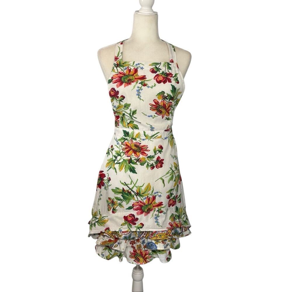 April Cornell white floral cotton apron with multi-tiered ruffle bottom